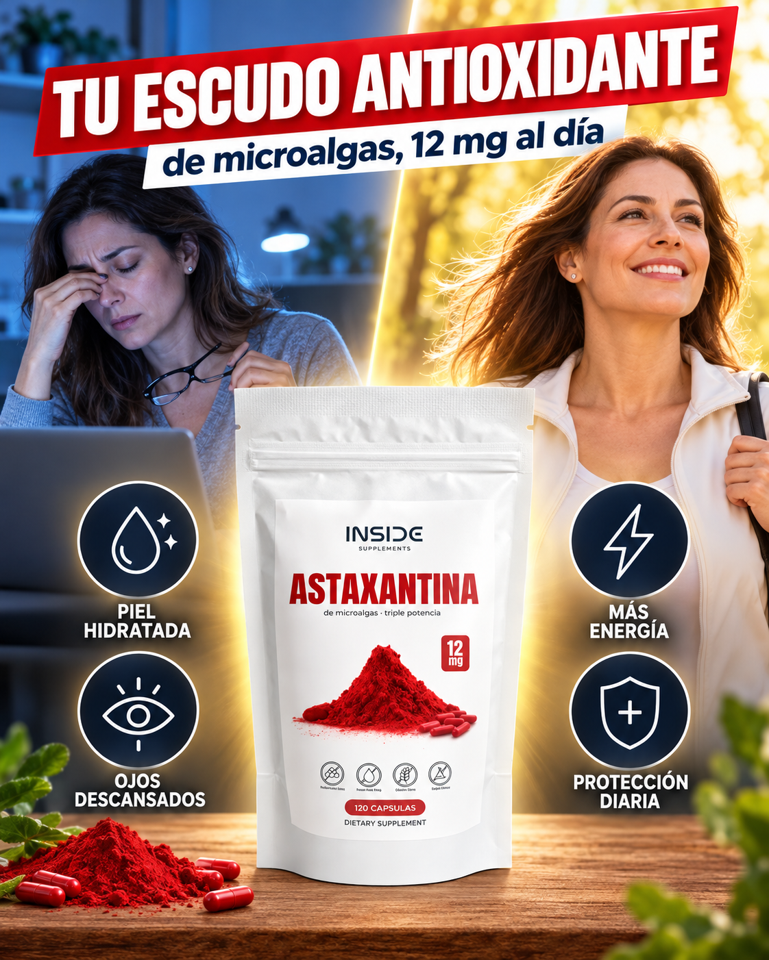 Astaxantina tu escudo antioxidante: piel hidratada, ojos descansados, más energía, protección diaria