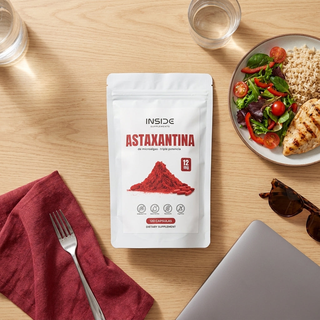 Astaxantina 12 mg junto a un almuerzo saludable, imagen ilustrativa