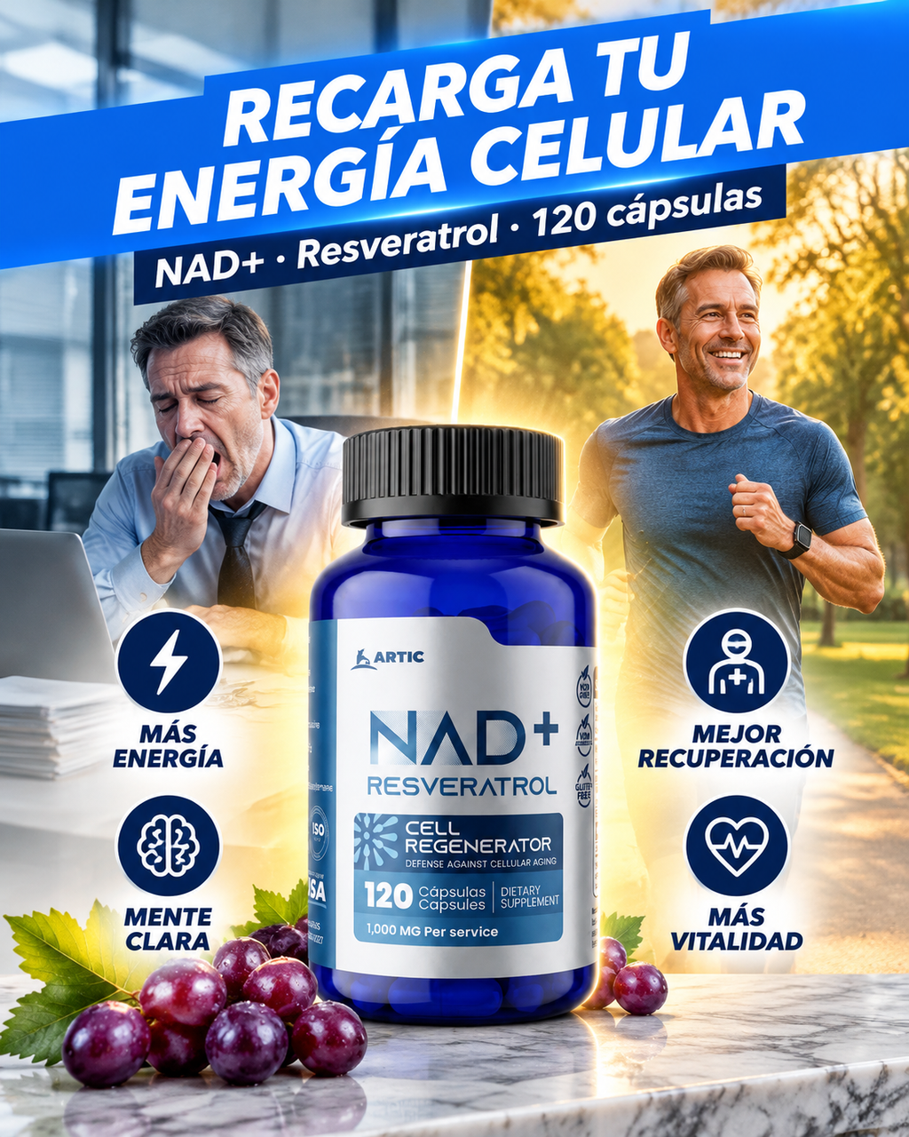 NAD+ Resveratrol beneficios: más energía, mente clara, mejor recuperación, más vitalidad