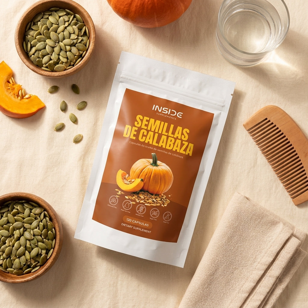 Semillas de Calabaza INSIDE sobre una mesa con semillas y toalla, imagen ilustrativa