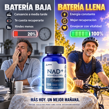 Imagen ilustrativa: batería baja frente a batería llena con NAD+ Resveratrol