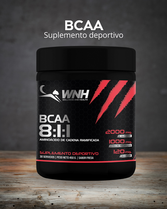BCAA – Aminoácidos de Cadena Ramificada con Glutamina, Citrulina Malato y Magnesio | 450 g (30 servicios) – Sabor Fresa | WNH