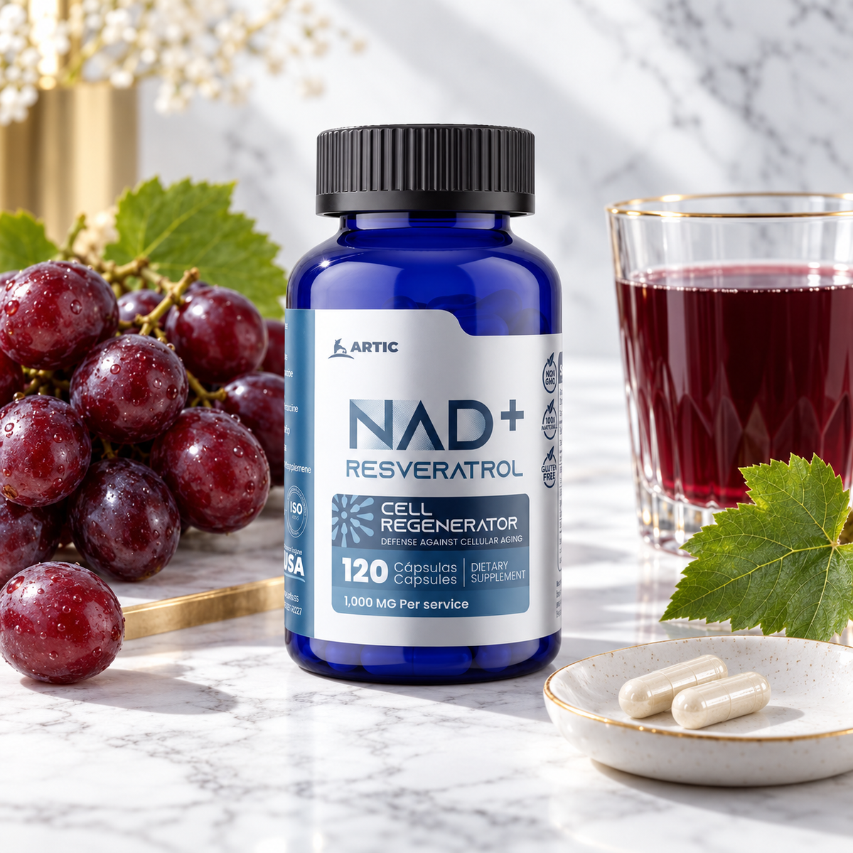 NAD+ Resveratrol con uvas, 2 cápsulas al día