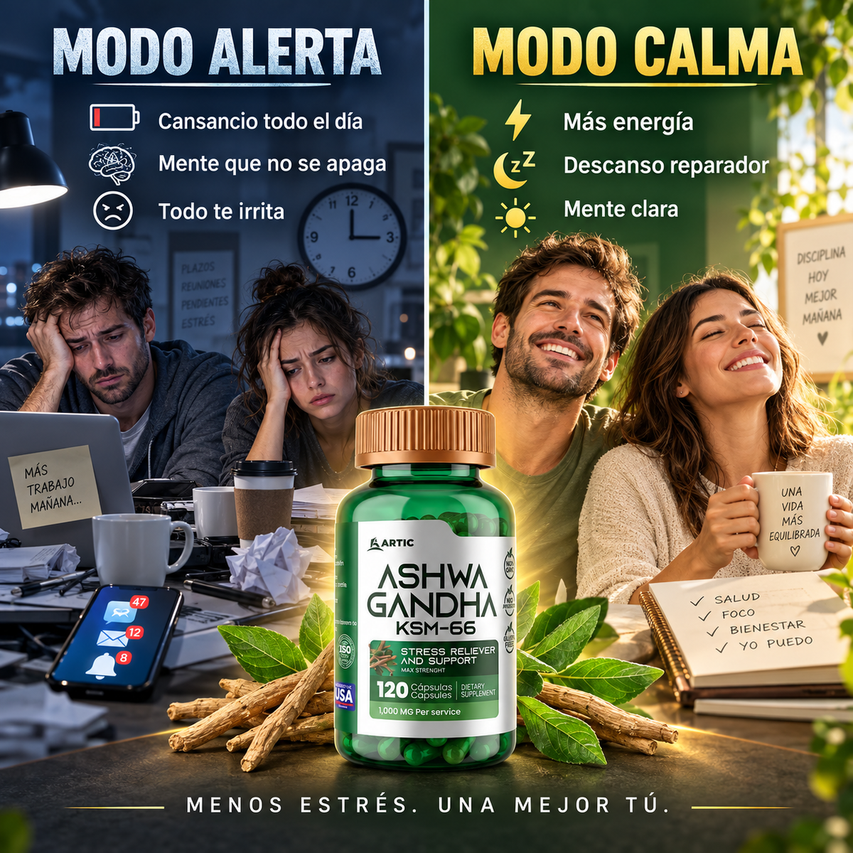 Imagen ilustrativa: modo alerta frente a modo calma con Ashwagandha KSM-66