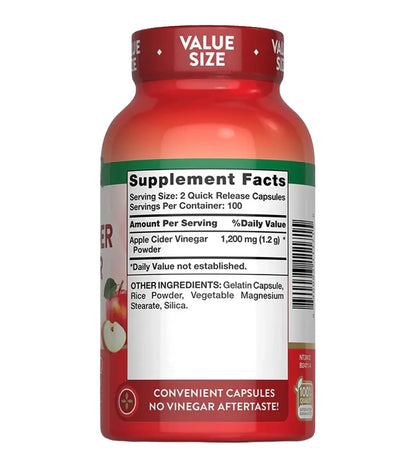 Apple Cider Vinegar. 1 200 mg (per 2). 200 cápsulas.