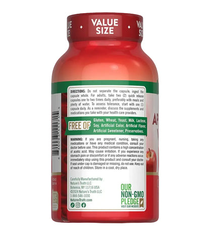 Apple Cider Vinegar. 1 200 mg (per 2). 200 cápsulas.