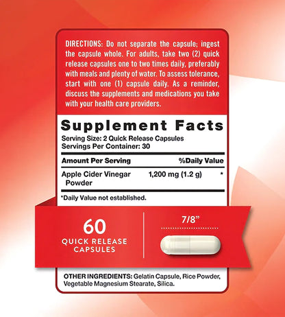 Apple Cider Vinegar. 1 200 mg (per 2). 200 cápsulas.