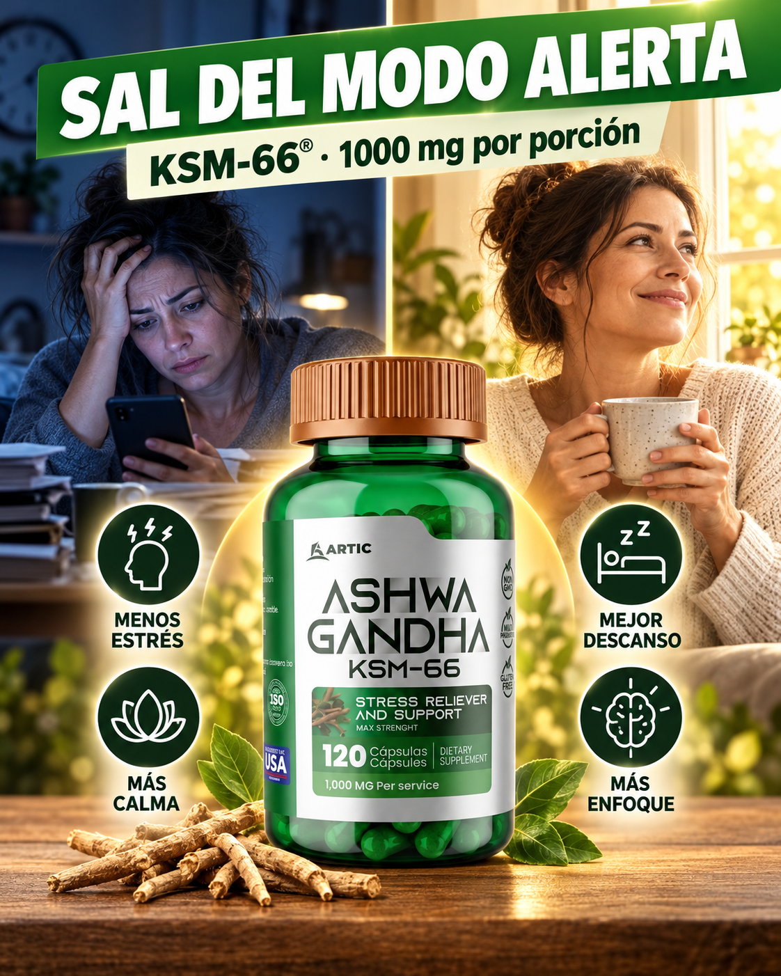 Ashwagandha KSM-66 beneficios: menos estrés, mejor descanso, más calma, más enfoque