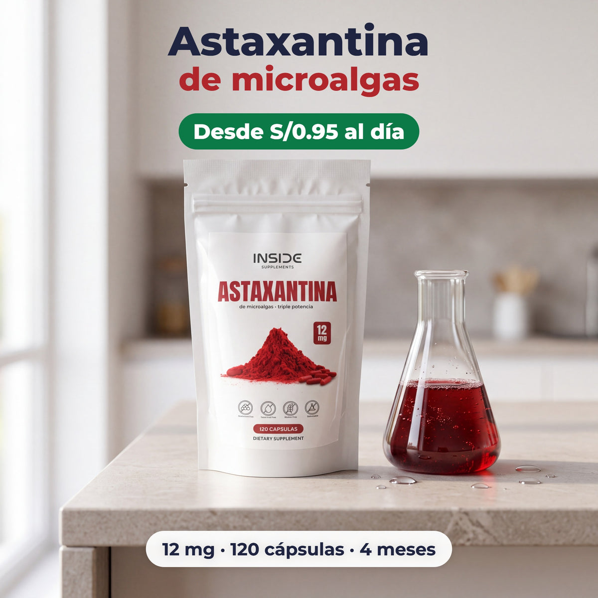 Astaxantina INSIDE de microalgas, 12 mg, 120 cápsulas, desde S/0.95 al día