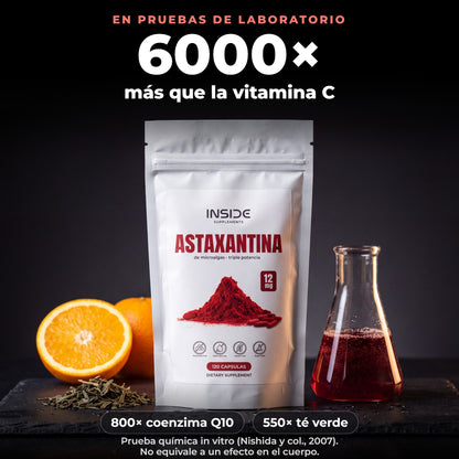 En pruebas de laboratorio, la astaxantina neutralizó el oxígeno singlete 6000 veces más que la vitamina C (in vitro, no equivale a un efecto en el cuerpo)