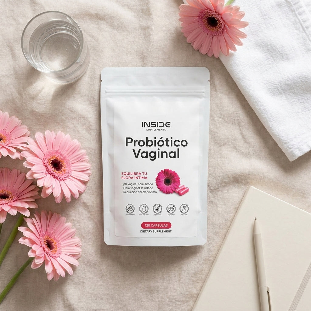 Probiótico Vaginal INSIDE con flores y rutina de autocuidado, imagen ilustrativa